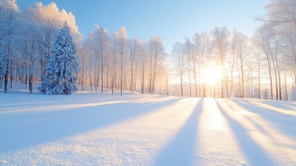 Obraz premium A serene winter landscape with snow-covered trees and soft sunlight casting beautiful shadows on a pristine white field.