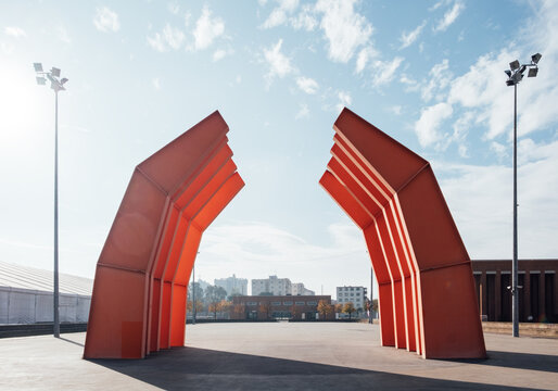 Ravenna, Italy - November 12, 2023: Alberto Burri&rsquo;s &ldquo;Grande Ferro R&rdquo; sculpture, which brings to mind the hull of a capsized ship.