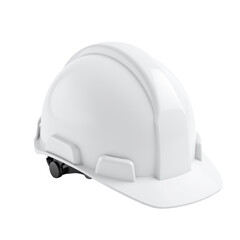 White construction safety helmet with adjustable strap, designed to protect the head in industrial and construction environments.