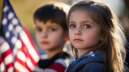 Patriotic children gazing thoughtfully with american flag in the background - Powered by Adobe