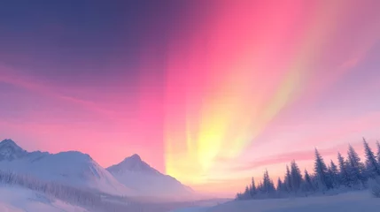 Fototapeten A stunning dawn in the mountains with vibrant colors illuminating the sky and reflecting off the snow-covered landscape. © BANDASAK