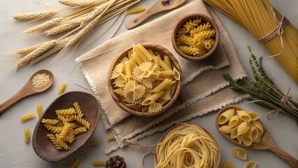 Variety of dried pasta shapes with wheat