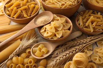 Variety of dried pasta shapes with wheat