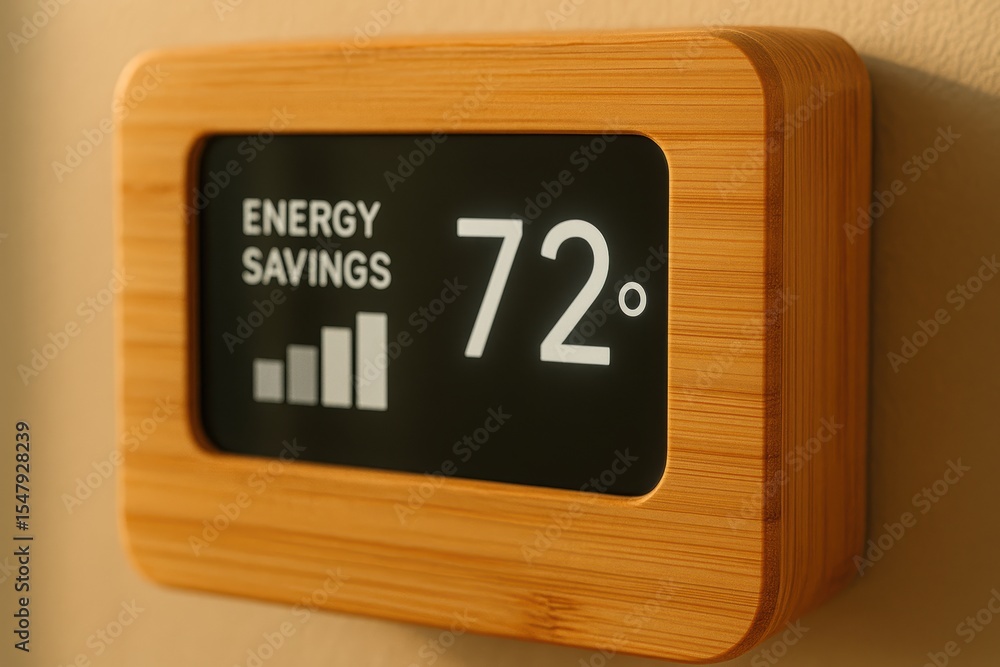 Poster smart energy savings display with current temperature readout in modern design