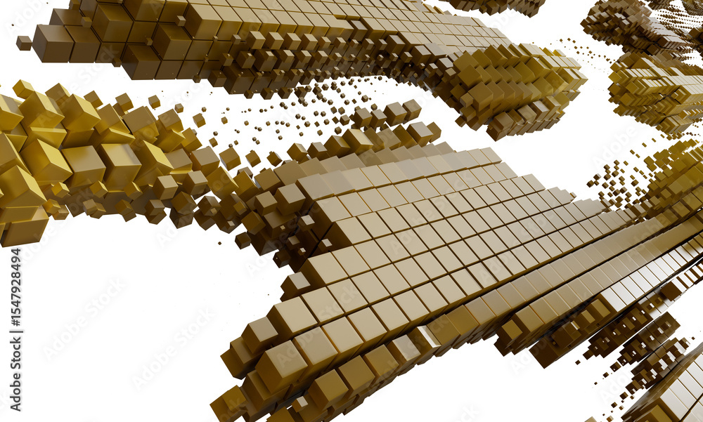Poster 3d render of gold cubes forming a data stream. perfect for tech, finance, or innovation concepts.