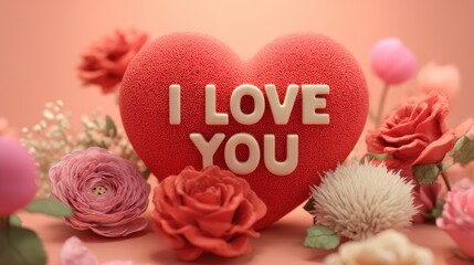 Heart-shaped gift with i love you message amidst pink and red flowers