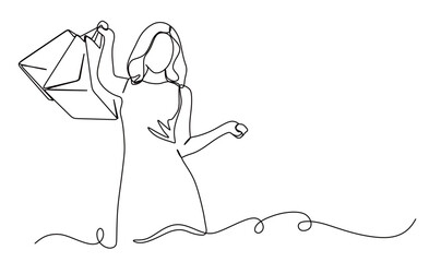 art of a continuous line of a woman looking happy with a shopping bag in her hand. vector illustration