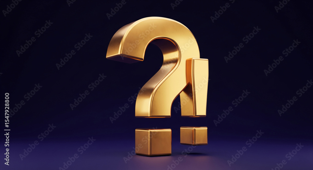 Poster golden question mark and exclamation mark on dark background, symbolizing inquiry, surprise, or a ne