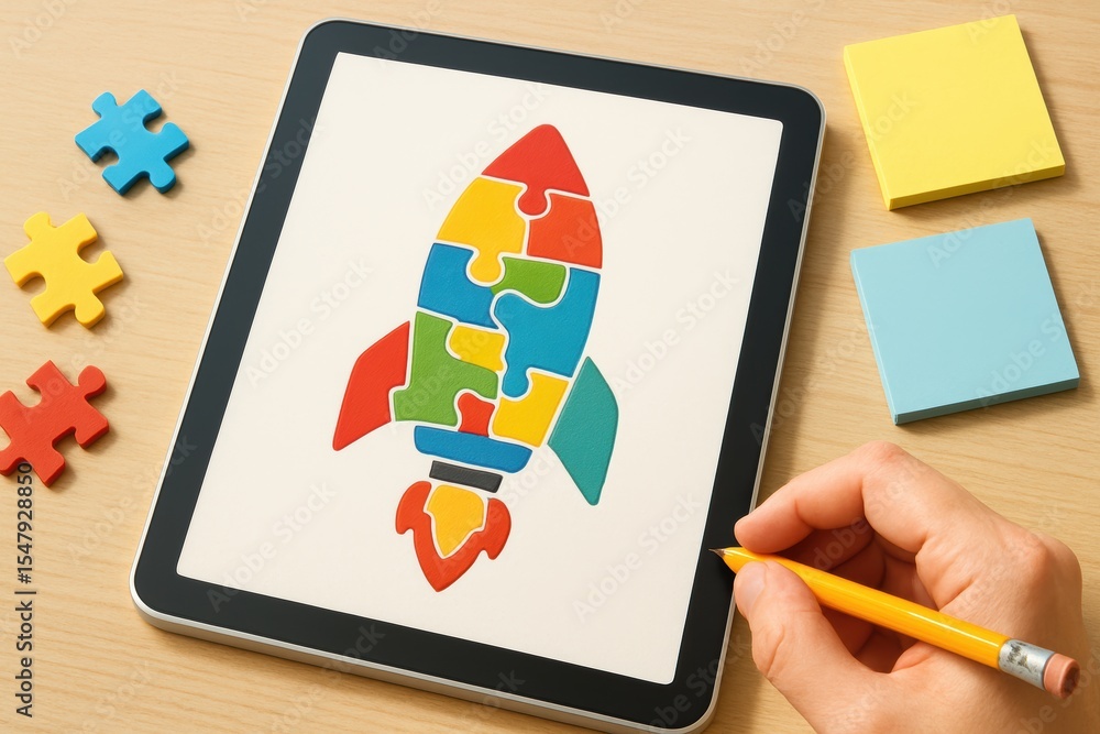 Poster colorful puzzle rocket design on tablet surrounded by colorful puzzles and sticky notes