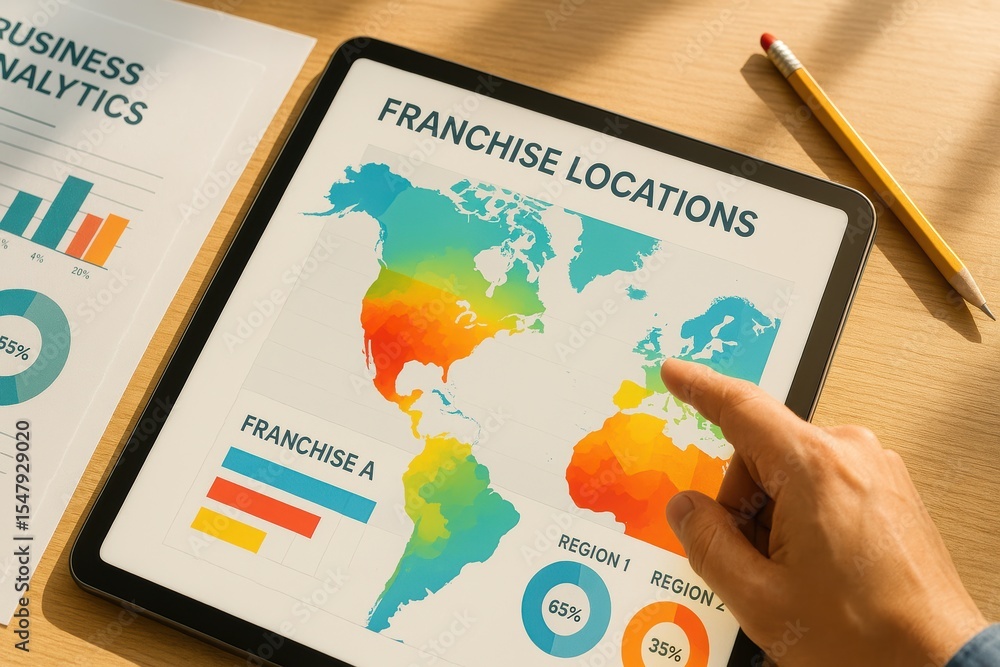 Poster business dashboard with franchise location analytics on tablet displaying colorful maps and charts