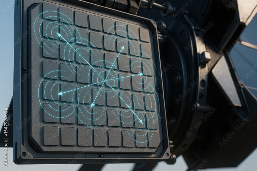 Aufkleber modern technology with digital grid and arrows representing data flow in communications system