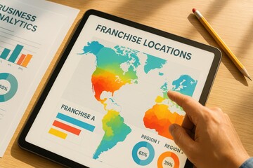 Business Dashboard with Franchise Location Analytics on Tablet Displaying Colorful Maps and Charts