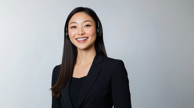 Smiling Asian female customer service operator in a headset, dressed in a formal black suit, standing against a clean white background call center agent, professional woman, suppor
