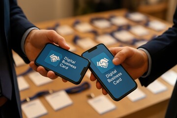 Two Business Professionals Exchanging Digital Business Cards Using Smartphones in Modern Office