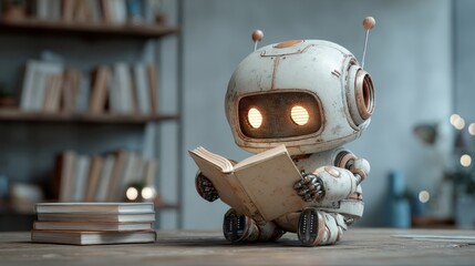 Fototapeta premium Cute retro robot reading a book in cozy library setting