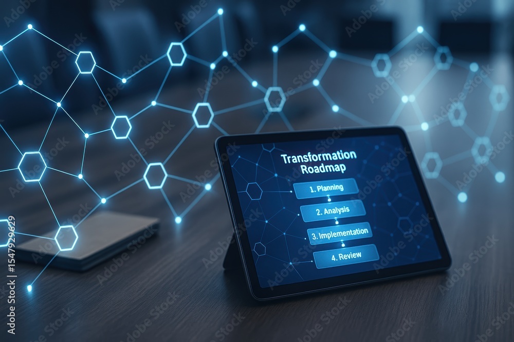 Poster digital transformation roadmap on tablet device with visual data connections and graphical nodes