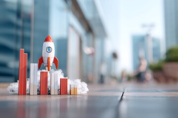 Red rocket on graph bars with smoke in urban setting