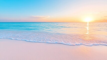 Fototapeta premium Breathtaking sunset over a serene beach, with gentle waves and soft pink sands creating a tranquil coastal atmosphere.