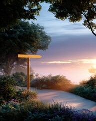 Symbolic road sign pointing toward unknown path, serene environment
