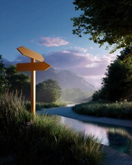 Symbolic road sign pointing toward unknown path, serene environment
