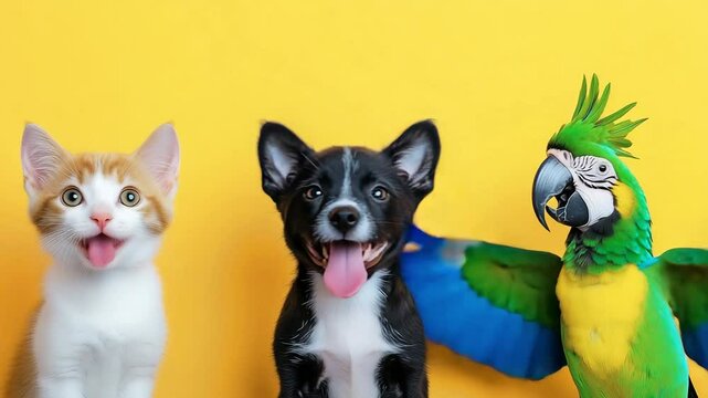 Group of animals including dog, cat and parrot standing next to each other on yellow background and dancing. Friends having fun together. Veterinary medicine, pet food. Pet shop advertisement