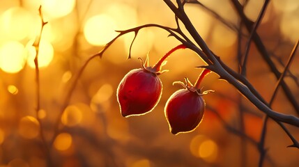 Rosehip, Rose hips, Wild rose, Rosehips at Sunset
