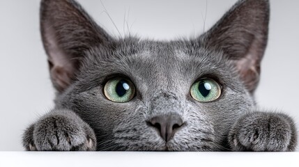 Close-up of gray cat with green eyes looking over edge
