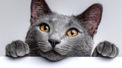 Curious gray cat with bright amber eyes peeking over white surface