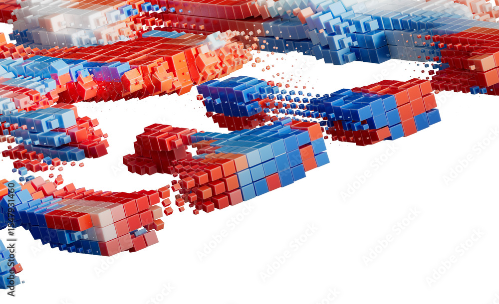 Poster abstract 3d cubes disintegrating red blue digital data stream