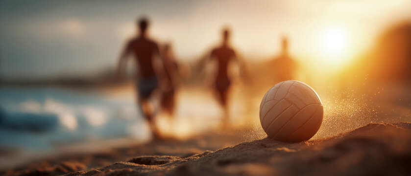 Beach volleyball match at sunset coastal environment action