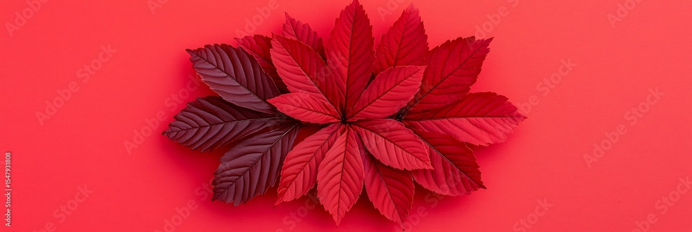 Poster a symmetrical arrangement of red and dark red leaves on a red background, highlighting the texture a