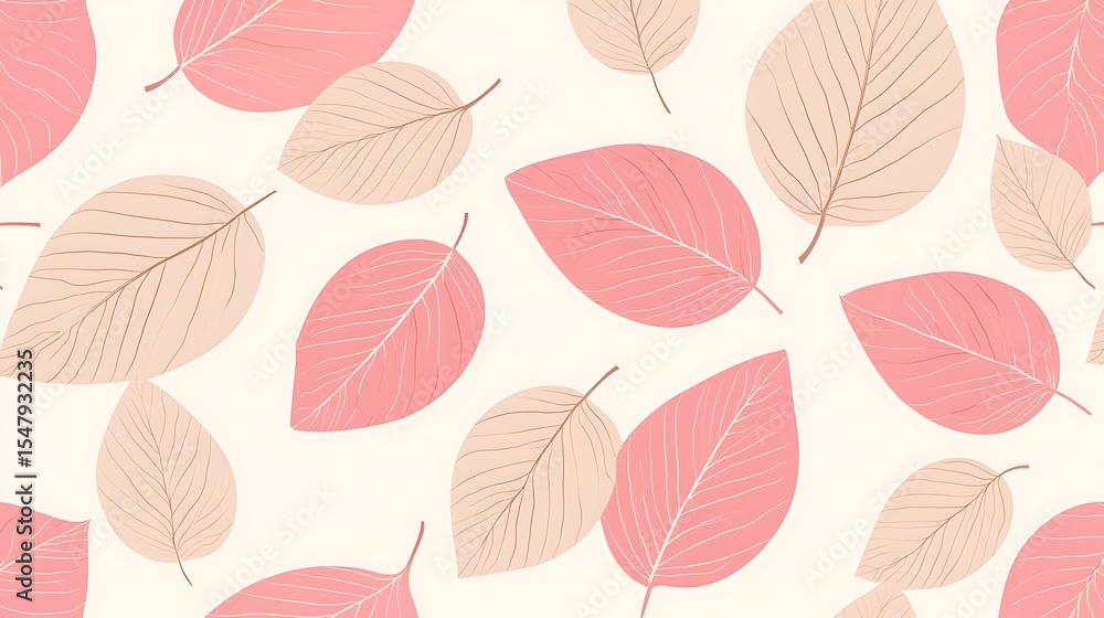 Poster a seamless pattern of pink and beige leaves with delicate veins on a light background, creating a so