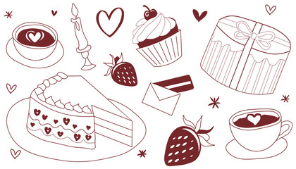 Cute red line art of cakes strawberries tea and a candle