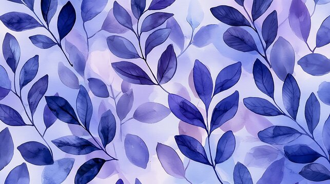 Blue and purple watercolor leaves create a seamless botanical pattern with delicate veins on a soft, textured background. - Powered by Adobe