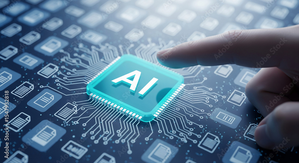 Poster Finger interacting with a teal AI chip on a circuit board, surrounded by document icons, showcasing artificial intelligence technology and data processing