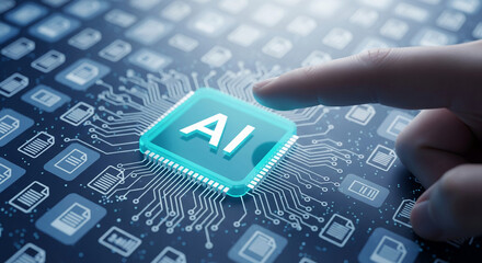 Finger interacting with a teal AI chip on a circuit board, surrounded by document icons, showcasing artificial intelligence technology and data processing