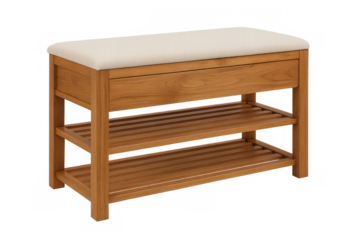 Wooden shoe storage bench with upholstered seat and drawer on transparent background