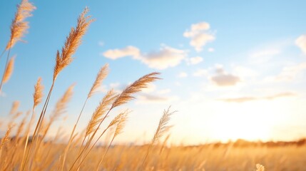 Obraz premium Golden grass sways under a serene blue sky, capturing the essence of nature's beauty at dusk. A tranquil moment for reflection.