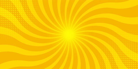 Abstract orange comic background. Art pop cartoon backdrop. Halftone effect pattern. Fun anime texture. Starburst manga style bg. Mark popart radial gradient. Spiral, swirl, comic rays.