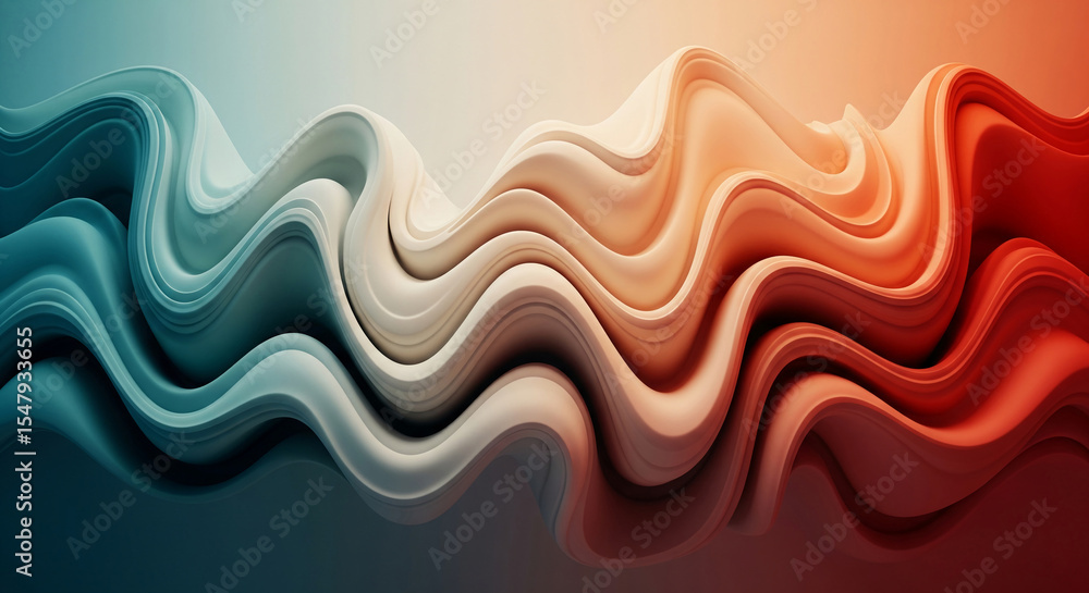 Aufkleber Abstract image of flowing, wavy forms in teal, beige, and red hues creating a dynamic, three-dimensional effect suitable for background or design element