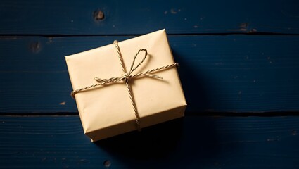 Wrapped gift box tied with twine placed on rustic blue wooden surface