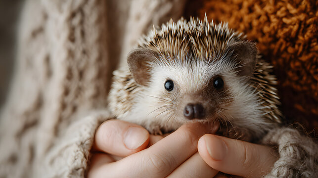 Trendy Afternoon with Hedgehog Unique Pet Youthful Model with Space for Promotional Text captures playful yet stylish vibe that blends individuality with charm. The hedgehog, small and full character.