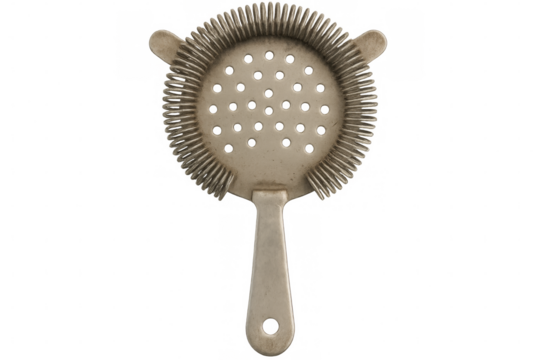 Hawthorne strainer laying on transparent background for bartending