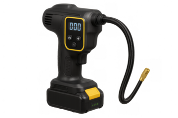 Portable air compressor showing zero pressure on transparent background