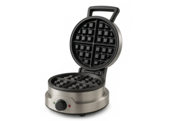 Round waffle maker with opened lid on transparent background