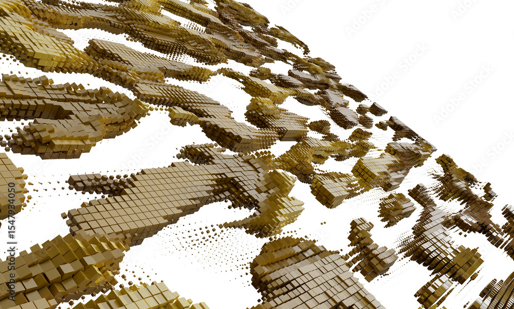 Poster 3d render of gold cube blocks forming abstract shapes. perfect for tech, luxury, or modern backgroun