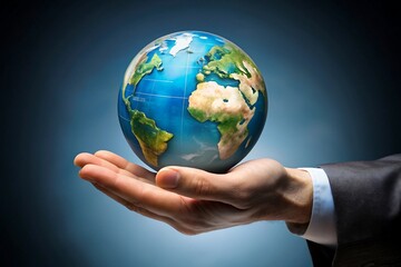 Hand holding a detailed Earth globe against a dark blue background, symbolizing global responsibility and care.