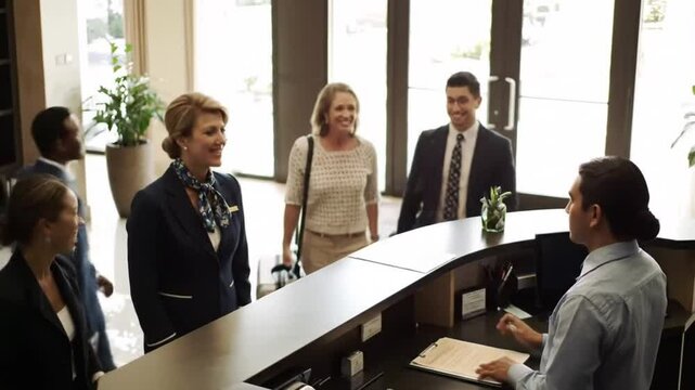 Hotel, employees and guest at reception for check in, hospitality and accommodation with tourism. Vacation, people and worker with luxury, industry and service with paperwork, concierge and holiday