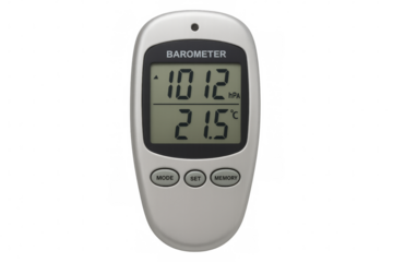 Digital barometer showing atmospheric pressure and temperature on transparent background
