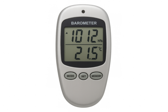 Digital barometer showing atmospheric pressure and temperature on transparent background